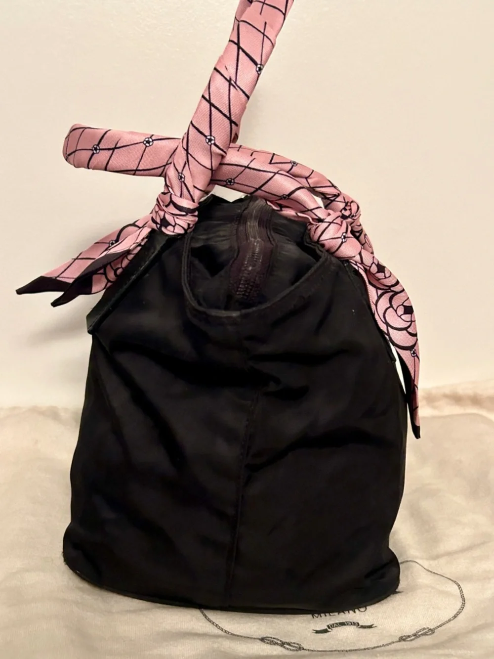 Prada Black Nylon Tote with Pink Scarf-Detail Handles - Picture 6 of 12